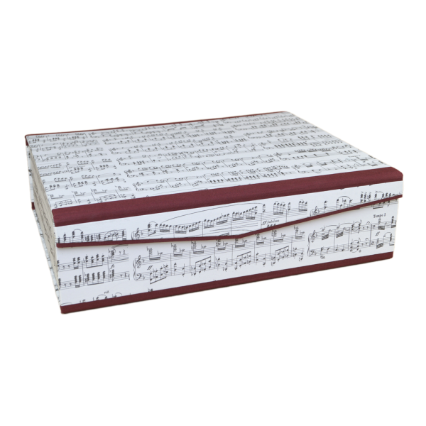 Music box and notebook box from Papeterie Schreibweise with burgundy linen and music paper